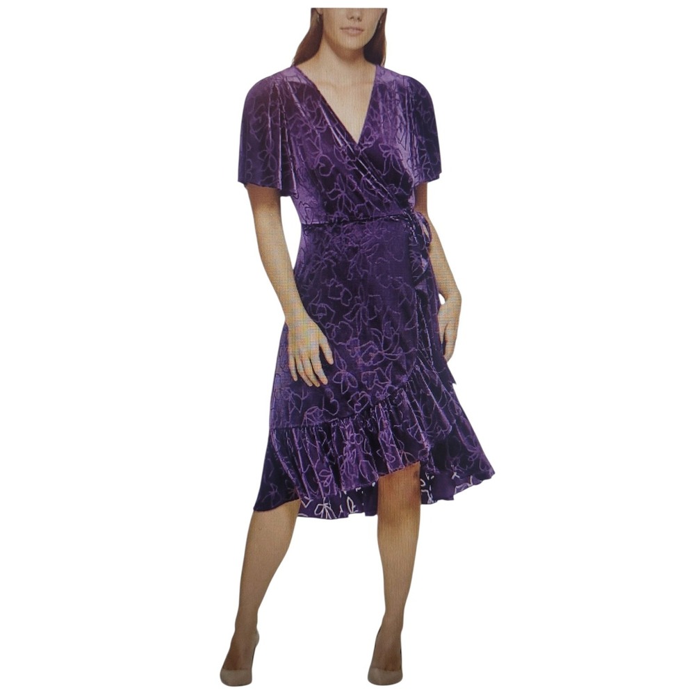 Calvin Klein Womens Purple Burnout V-Neck Short Sleeve Wrap Dress Sz‎ 2